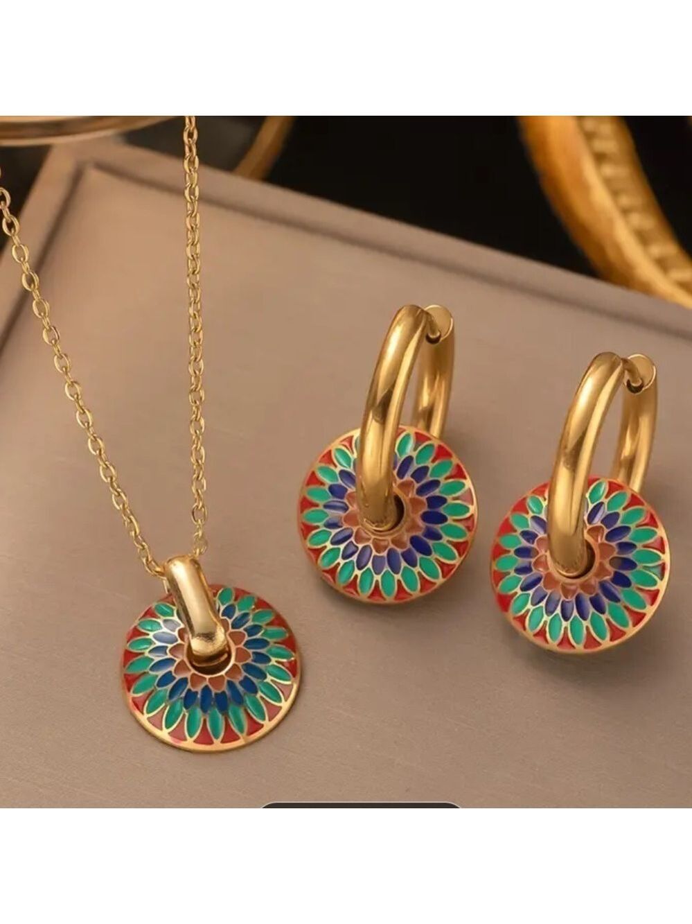 Necklace and Earring Set in Golden Painted Daisy Boho Design